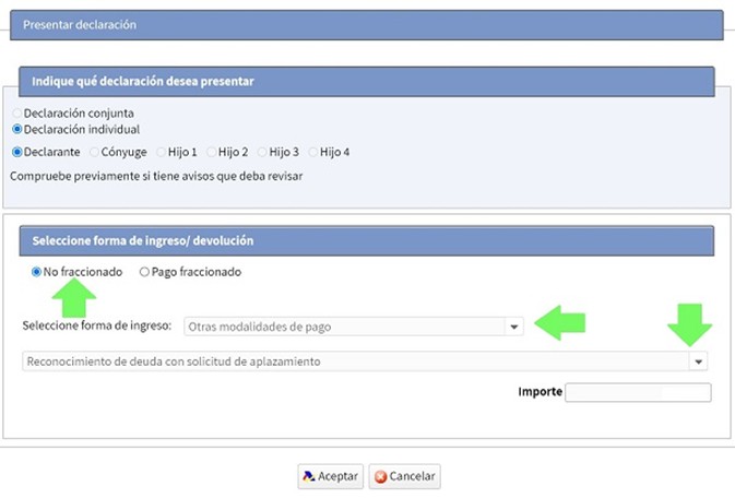 Seleccione la forma de pago de la declaración de IRPF.